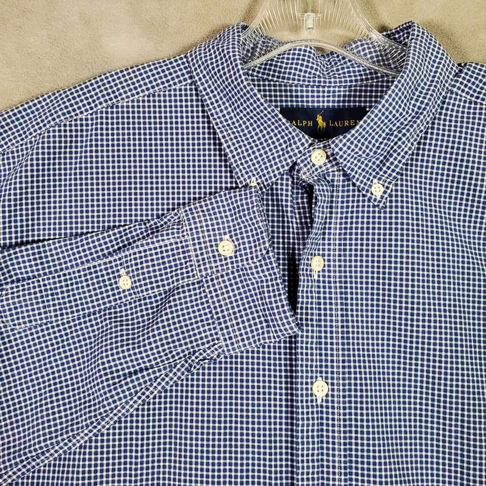Ralph Lauren Shirt Mens XLT Blue Gingham Check Button Preppy Classic Academic